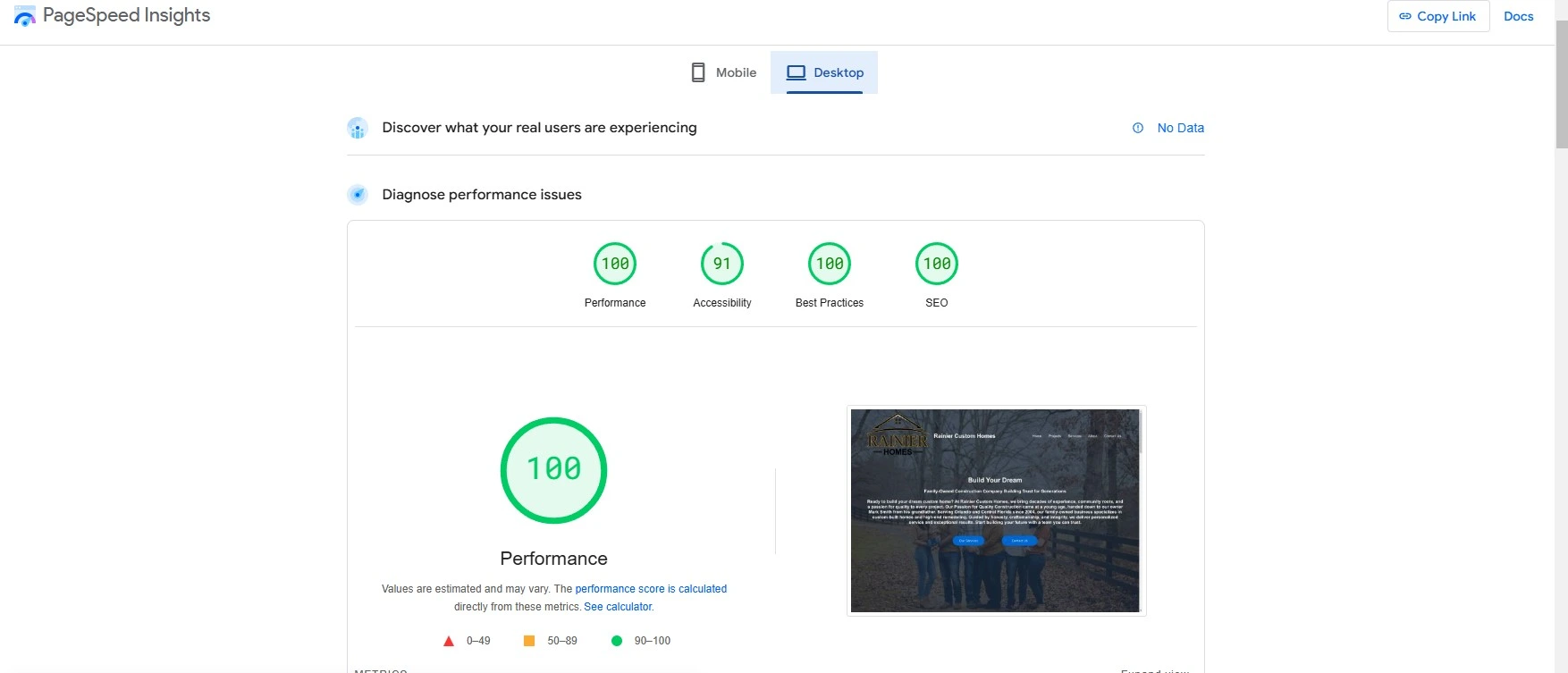 SEO performance statistics for Rainier's rebuilt website showing improved rankings and traffic